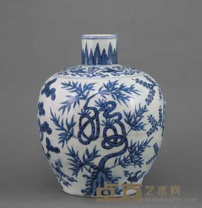 明万历 青花松竹梅福禄寿纹直口瓶 高23cm
